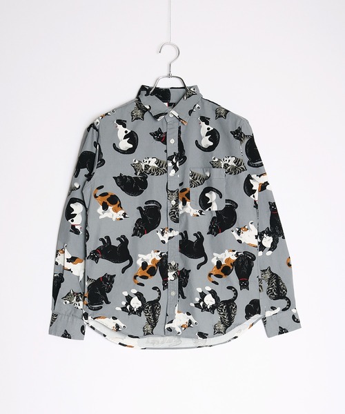 日本製 ネコ柄 長袖レギュラーシャツ／猫柄（シャツ/ブラウス