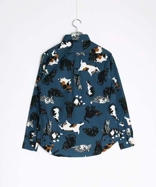 新品　シーバイクロエ　猫柄ブラウス　ブラック　ネコ　シルク セール】日本製 ネコ柄 長袖レギュラーシャツ／猫柄（シャツ/ブラウス