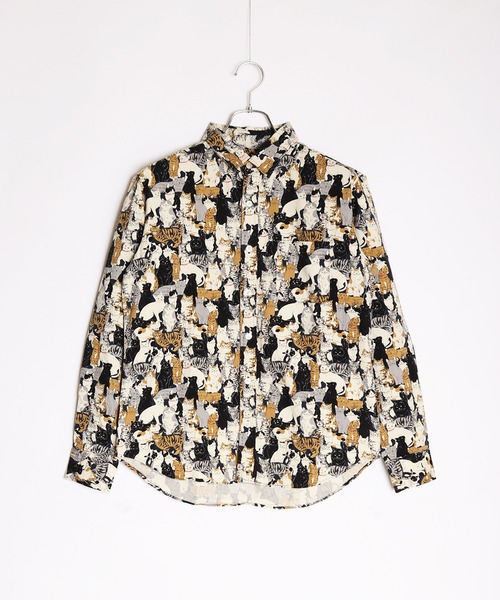 日本製 ネコ柄 長袖レギュラーシャツ／猫柄（シャツ/ブラウス