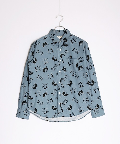 日本製 ネコ柄 長袖レギュラーシャツ／猫柄（シャツ/ブラウス
