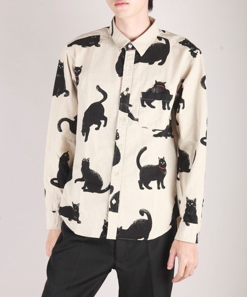 日本製 ネコ柄 長袖レギュラーシャツ／猫柄（シャツ/ブラウス
