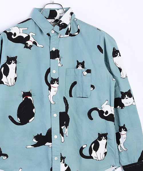 &ellecy アンドエルシー　ネコ　オペラ　シャツ　猫　柄 vintage el（ヴィンテージイーエル） 猫柄シャツ メンズ 半袖シャツ