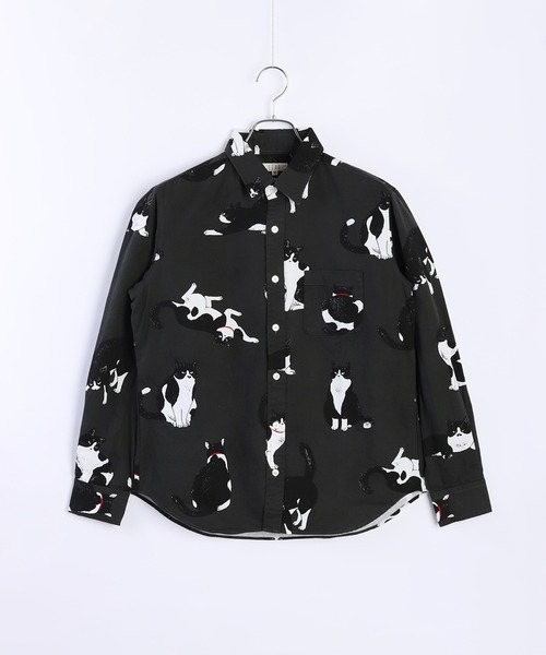 セール】日本製 ネコ柄 長袖レギュラーシャツ／猫柄（シャツ/ブラウス
