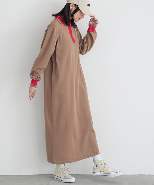 n'OrLABEL（ノアールレーベル）の「『配色ラインポロニットワンピース』（ワンピース・レディース・チャコール/ベージュ・1/2）」の2枚目の写真