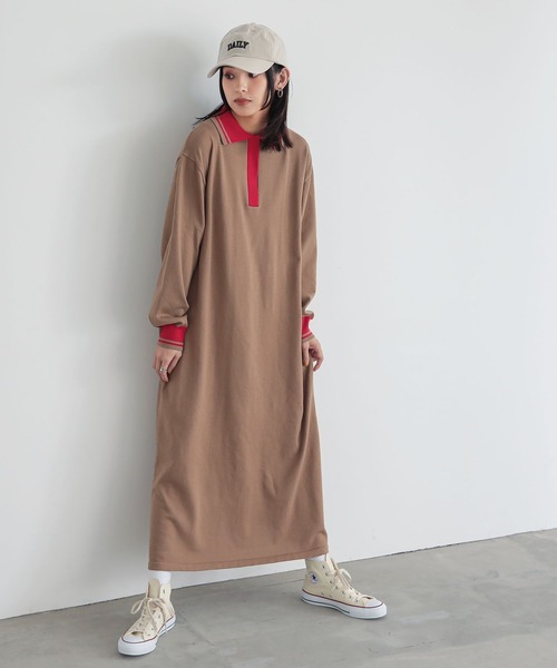 n'OrLABEL（ノアールレーベル）の「『配色ラインポロニットワンピース』（ワンピース・レディース・チャコール/ベージュ・1/2）」の3枚目の写真