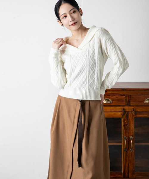 MILLION CARATS（ミリオンカラッツ）の「ヴィンテージモード ショートケーブルニット＆ベルト付きスカートセット（アンサンブル・レディース・レッド系その他/ブラウン/レッド/ホワイト系その他/イエロー/オフホワイト/ブラウン系その他/イエロー系その他・FREE）」の3枚目の写真