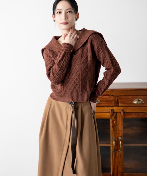 MILLION CARATS（ミリオンカラッツ）の「ヴィンテージモード ショートケーブルニット＆ベルト付きスカートセット（アンサンブル・レディース・レッド系その他/ブラウン/レッド/ホワイト系その他/イエロー/オフホワイト/ブラウン系その他/イエロー系その他・FREE）」の5枚目の写真