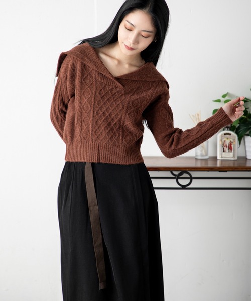 MILLION CARATS（ミリオンカラッツ）の「ヴィンテージモード ショートケーブルニット＆ベルト付きスカートセット（アンサンブル・レディース・レッド系その他/ブラウン/レッド/ホワイト系その他/イエロー/オフホワイト/ブラウン系その他/イエロー系その他・FREE）」の4枚目の写真