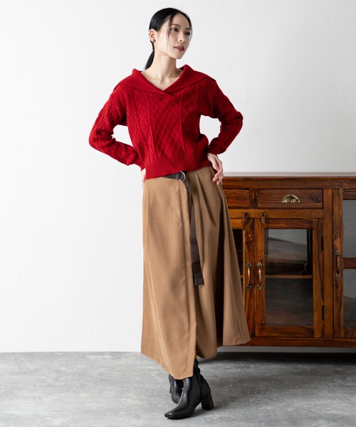 MILLION CARATS（ミリオンカラッツ）の「ヴィンテージモード ショートケーブルニット＆ベルト付きスカートセット（アンサンブル・レディース・レッド系その他/ブラウン/レッド/ホワイト系その他/イエロー/オフホワイト/ブラウン系その他/イエロー系その他・FREE）」の8枚目の写真