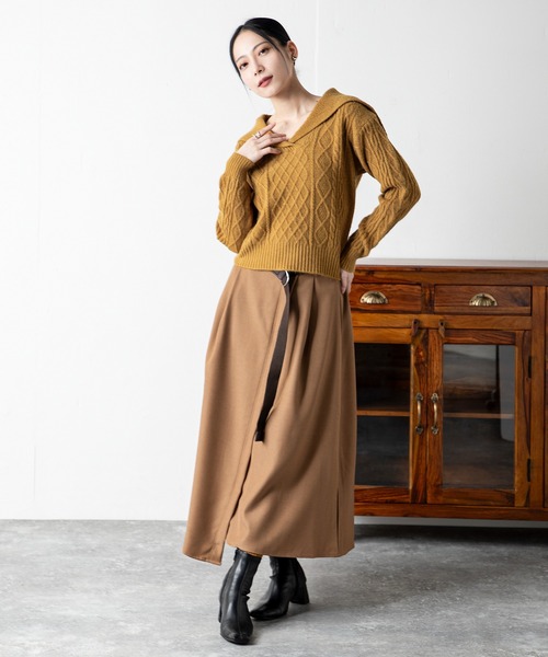 MILLION CARATS（ミリオンカラッツ）の「ヴィンテージモード ショートケーブルニット＆ベルト付きスカートセット（アンサンブル・レディース・レッド系その他/ブラウン/レッド/ホワイト系その他/イエロー/オフホワイト/ブラウン系その他/イエロー系その他・FREE）」の6枚目の写真