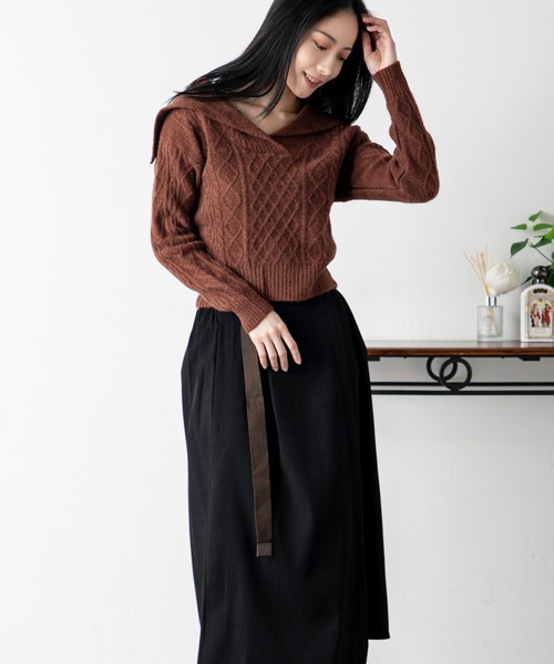 MILLION CARATS（ミリオンカラッツ）の「ヴィンテージモード ショートケーブルニット＆ベルト付きスカートセット（アンサンブル・レディース・レッド系その他/ブラウン/レッド/ホワイト系その他/イエロー/オフホワイト/ブラウン系その他/イエロー系その他・FREE）」の21枚目の写真