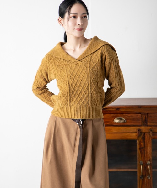 MILLION CARATS（ミリオンカラッツ）の「ヴィンテージモード ショートケーブルニット＆ベルト付きスカートセット（アンサンブル・レディース・レッド系その他/ブラウン/レッド/ホワイト系その他/イエロー/オフホワイト/ブラウン系その他/イエロー系その他・FREE）」の11枚目の写真