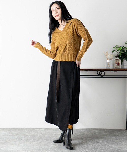 MILLION CARATS（ミリオンカラッツ）の「ヴィンテージモード ショートケーブルニット＆ベルト付きスカートセット（アンサンブル・レディース・レッド系その他/ブラウン/レッド/ホワイト系その他/イエロー/オフホワイト/ブラウン系その他/イエロー系その他・FREE）」の9枚目の写真