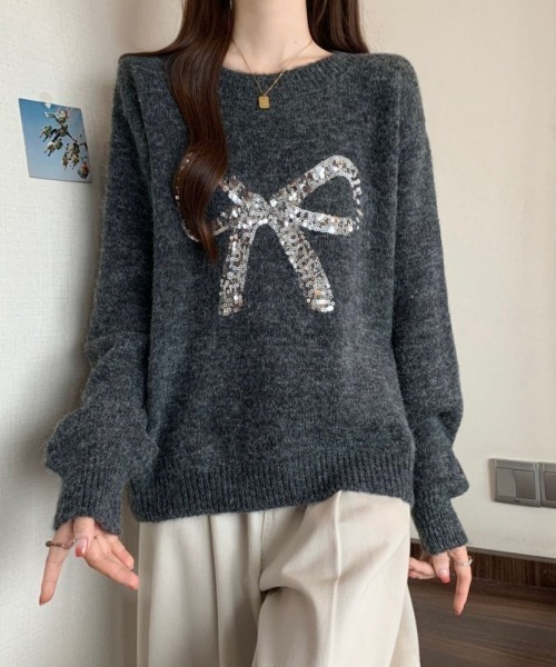 LETee（レティー）の「スパンコールリボンニットプルオーバー（ニット/セーター・レディース・ブラック/チャコールグレー/ホワイト・FREE）」の11枚目の写真