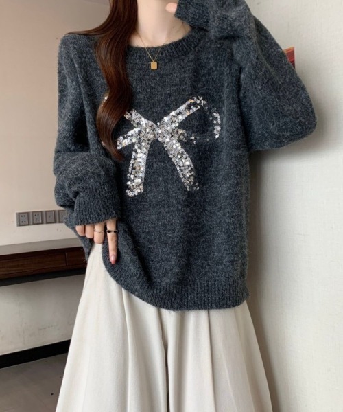 LETee（レティー）の「スパンコールリボンニットプルオーバー（ニット/セーター・レディース・ブラック/チャコールグレー/ホワイト・FREE）」の12枚目の写真