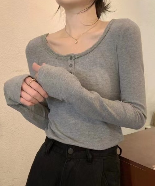 SHEPP(シープ)の「カップ付きレースリブロンT(Tシャツ/カットソー・レディース・グレー/アイボリー/ブラック/ホワイト・F)」の4枚目の写真