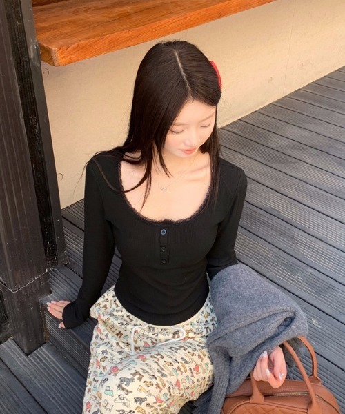 SHEPP(シープ)の「カップ付きレースリブロンT(Tシャツ/カットソー・レディース・グレー/アイボリー/ブラック/ホワイト・F)」の17枚目の写真