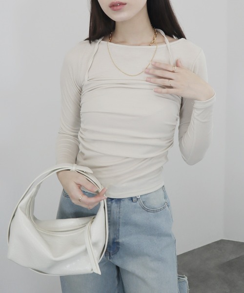 Reurie'(レウリィ)の「【ZOZO限定】ビスチェセットアップ風トップス/bustier setup like top 長袖 キャミソール ドッキング レイヤード 重ね着 シンプル きれいめ カジュアル 韓国 アイボリー グレー ブラック(Tシャツ/カットソー・レディース・グレー/ブラック/アイボリー・FREE)」の1枚目の写真