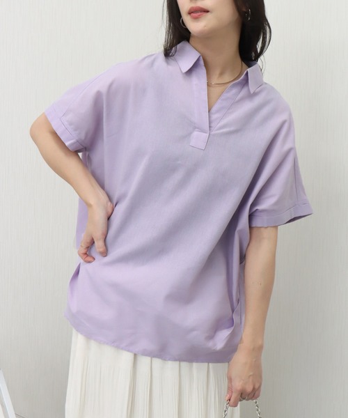 libelle more（リベル モア）の「やわさらリネン〈洗濯機可能・吸水速乾・UVカット〉無地スキッパーシャツ（シャツ/ブラウス・レディース・ベージュ/ネイビー/ラベンダー/オフホワイト/セージグリーン/レモンイエロー・M/L）」の5枚目の写真