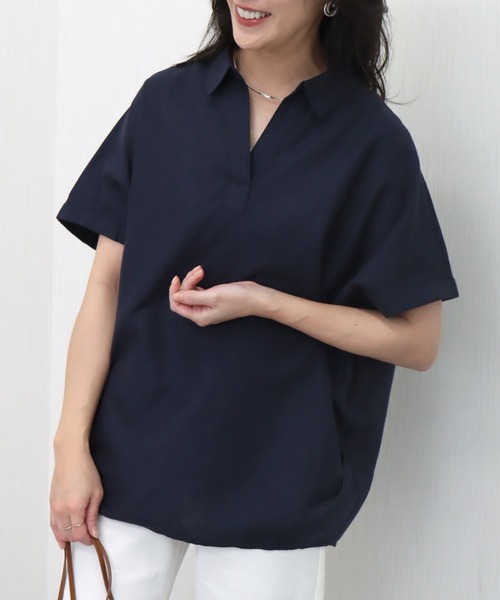 libelle more（リベル モア）の「やわさらリネン〈洗濯機可能・吸水速乾・UVカット〉無地スキッパーシャツ（シャツ/ブラウス・レディース・ベージュ/ネイビー/ラベンダー/オフホワイト/セージグリーン/レモンイエロー・M/L）」の4枚目の写真