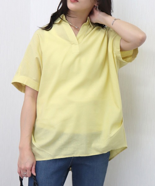 libelle more（リベル モア）の「やわさらリネン〈洗濯機可能・吸水速乾・UVカット〉無地スキッパーシャツ（シャツ/ブラウス・レディース・ベージュ/ネイビー/ラベンダー/オフホワイト/セージグリーン/レモンイエロー・M/L）」の6枚目の写真