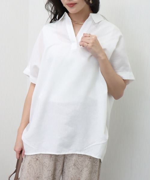 libelle more（リベル モア）の「やわさらリネン〈洗濯機可能・吸水速乾・UVカット〉無地スキッパーシャツ（シャツ/ブラウス・レディース・ベージュ/ネイビー/ラベンダー/オフホワイト/セージグリーン/レモンイエロー・M/L）」の10枚目の写真