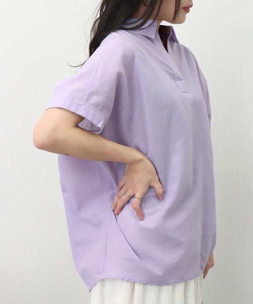 美品レキオ 琉球藍染め 洗える リネン100 スキッパー ロングシャツ ピンク 美品レキオ 琉球藍染め 洗える リネン100 スキッパー ロング