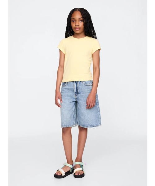 セール】ミッドライズ ロングライン デニムショートパンツ