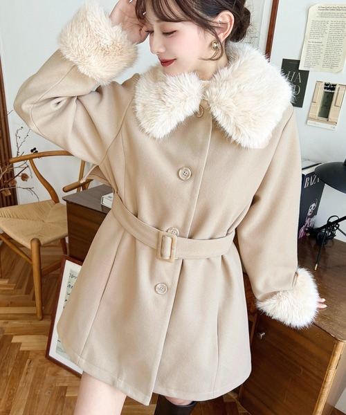 ファーティペット付きミドル丈ステンカラーコート（ステンカラーコート