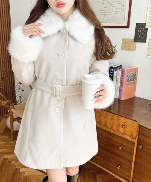 ファーティペット付きミドル丈ステンカラーコート（ステンカラーコート