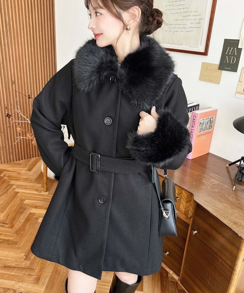 セール】ファーティペット付きミドル丈ステンカラーコート（ステン