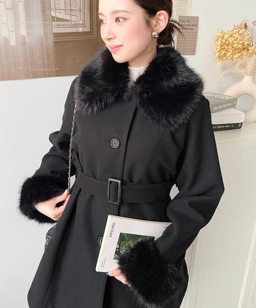 ファーティペット付きミドル丈ステンカラーコート（ステンカラーコート