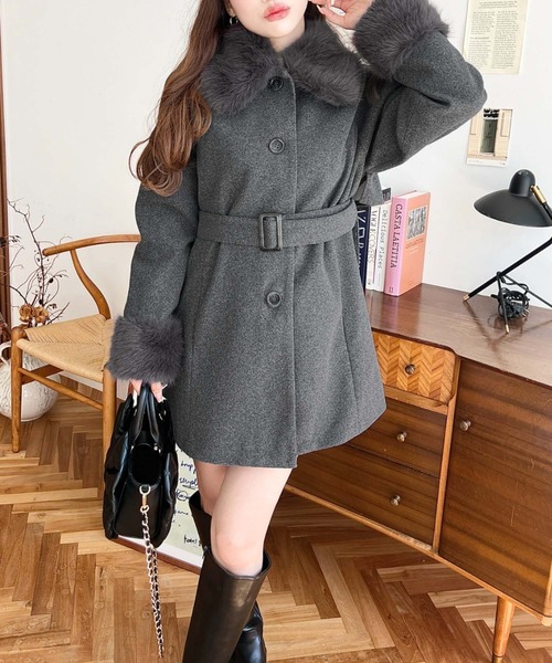 ファーティペット付きミドル丈ステンカラーコート（ステンカラーコート