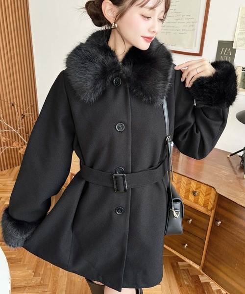 セール】ファーティペット付きミドル丈ステンカラーコート（ステン