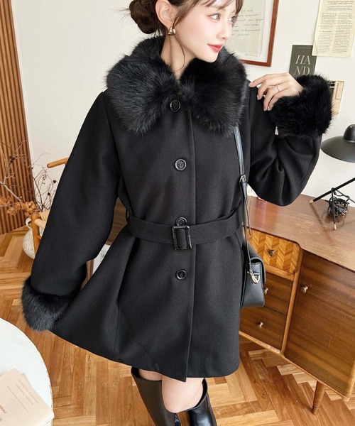 ファーティペット付きミドル丈ステンカラーコート（ステンカラーコート