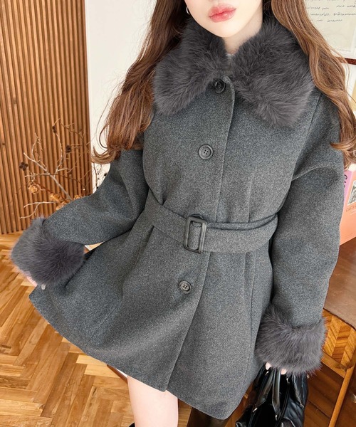 ファーティペット付きミドル丈ステンカラーコート（ステンカラーコート