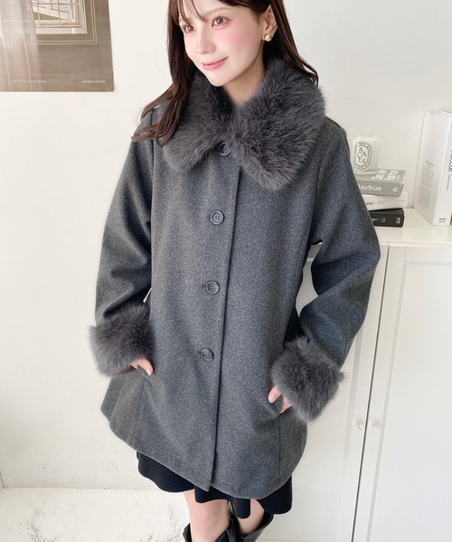 ファーティペット付きミドル丈ステンカラーコート（ステンカラーコート