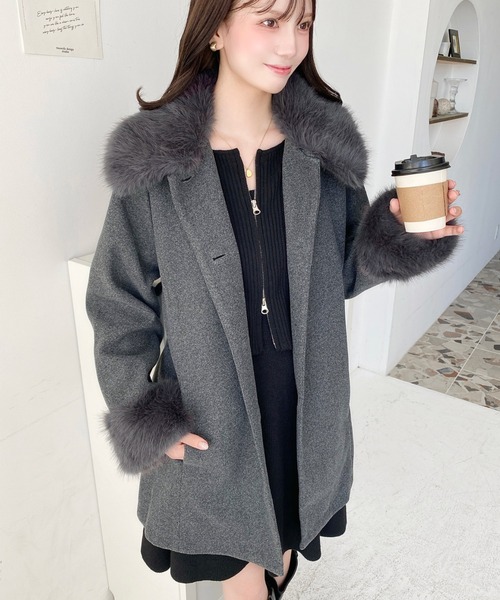 ファーティペット付きミドル丈ステンカラーコート（ステンカラーコート