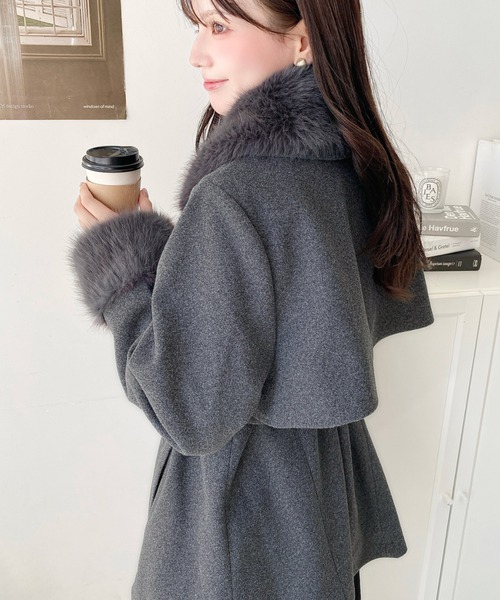 ファーティペット付きミドル丈ステンカラーコート（ステンカラーコート