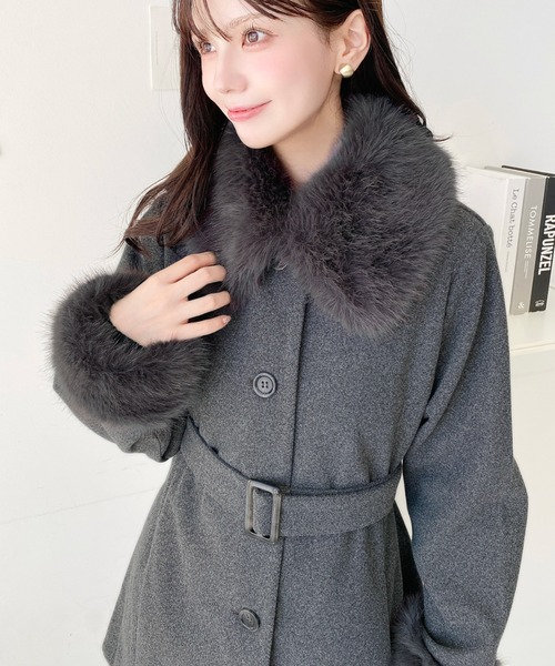 ファーティペット付きミドル丈ステンカラーコート（ステンカラーコート