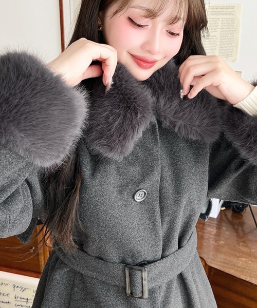 ファーティペット付きミドル丈ステンカラーコート（ステンカラーコート