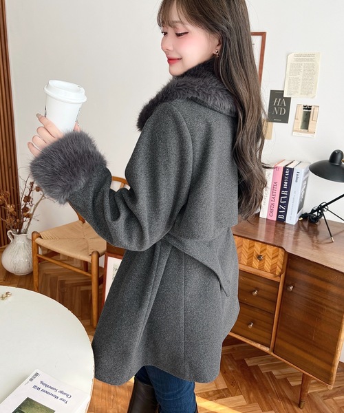 ファーティペット付きミドル丈ステンカラーコート（ステンカラーコート