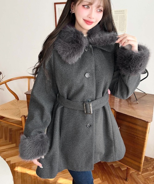 ファーティペット付きミドル丈ステンカラーコート（ステンカラーコート