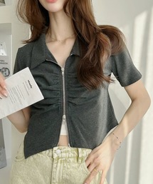 Ada.（エイダ）の「ダブルジップ ギャザーデザイン 襟付きカットソー（Tシャツ/カットソー）」