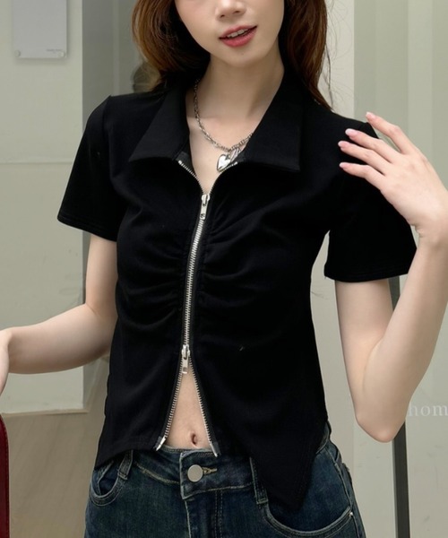 Ada.（エイダ）の「ダブルジップ ギャザーデザイン 襟付きカットソー