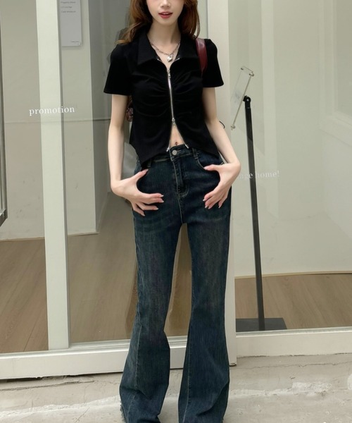 Ada.(エイダ)の「ダブルジップ ギャザーデザイン 襟付きカットソー(Tシャツ/カットソー・レディース・グレー/ブラック/カーキ/ホワイト/アイボリー/チャコール・M/L)」の11枚目の写真