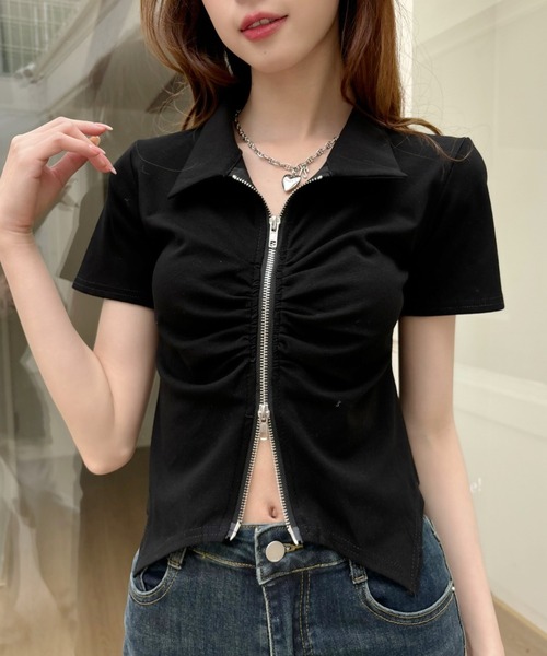 Ada.(エイダ)の「ダブルジップ ギャザーデザイン 襟付きカットソー(Tシャツ/カットソー・レディース・グレー/ブラック/カーキ/ホワイト/アイボリー/チャコール・M/L)」の14枚目の写真
