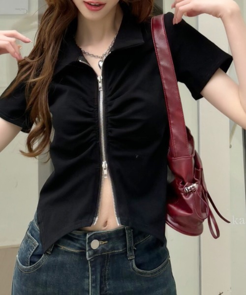 Ada.(エイダ)の「ダブルジップ ギャザーデザイン 襟付きカットソー(Tシャツ/カットソー・レディース・グレー/ブラック/カーキ/ホワイト/アイボリー/チャコール・M/L)」の18枚目の写真