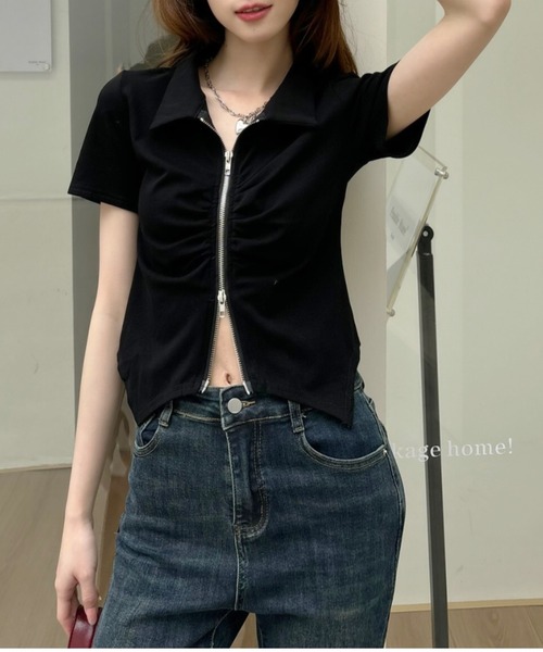 Ada.(エイダ)の「ダブルジップ ギャザーデザイン 襟付きカットソー(Tシャツ/カットソー・レディース・グレー/ブラック/カーキ/ホワイト/アイボリー/チャコール・M/L)」の19枚目の写真