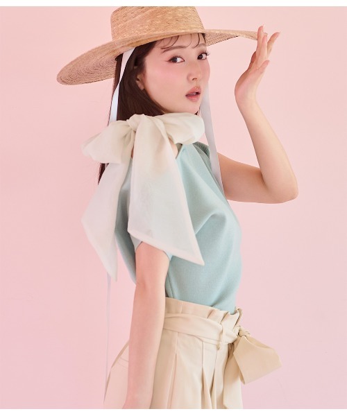 PEACH JOHN（ピーチジョン）の「アシメトリーリボンニットトップス（Tシャツ/カットソー・レディース・ミント/ホワイト/ブラック・ONE SIZE）」の3枚目の写真